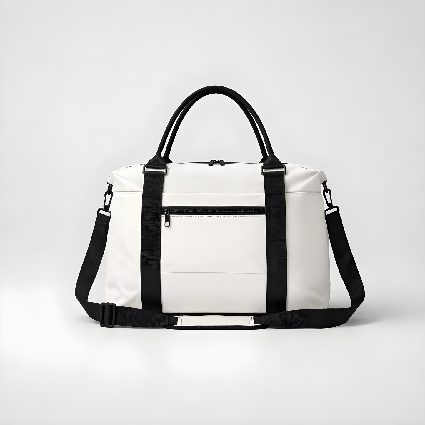 White duffel bag with intention featuring black handles shoulder straps and a front zippered pocket for easy access