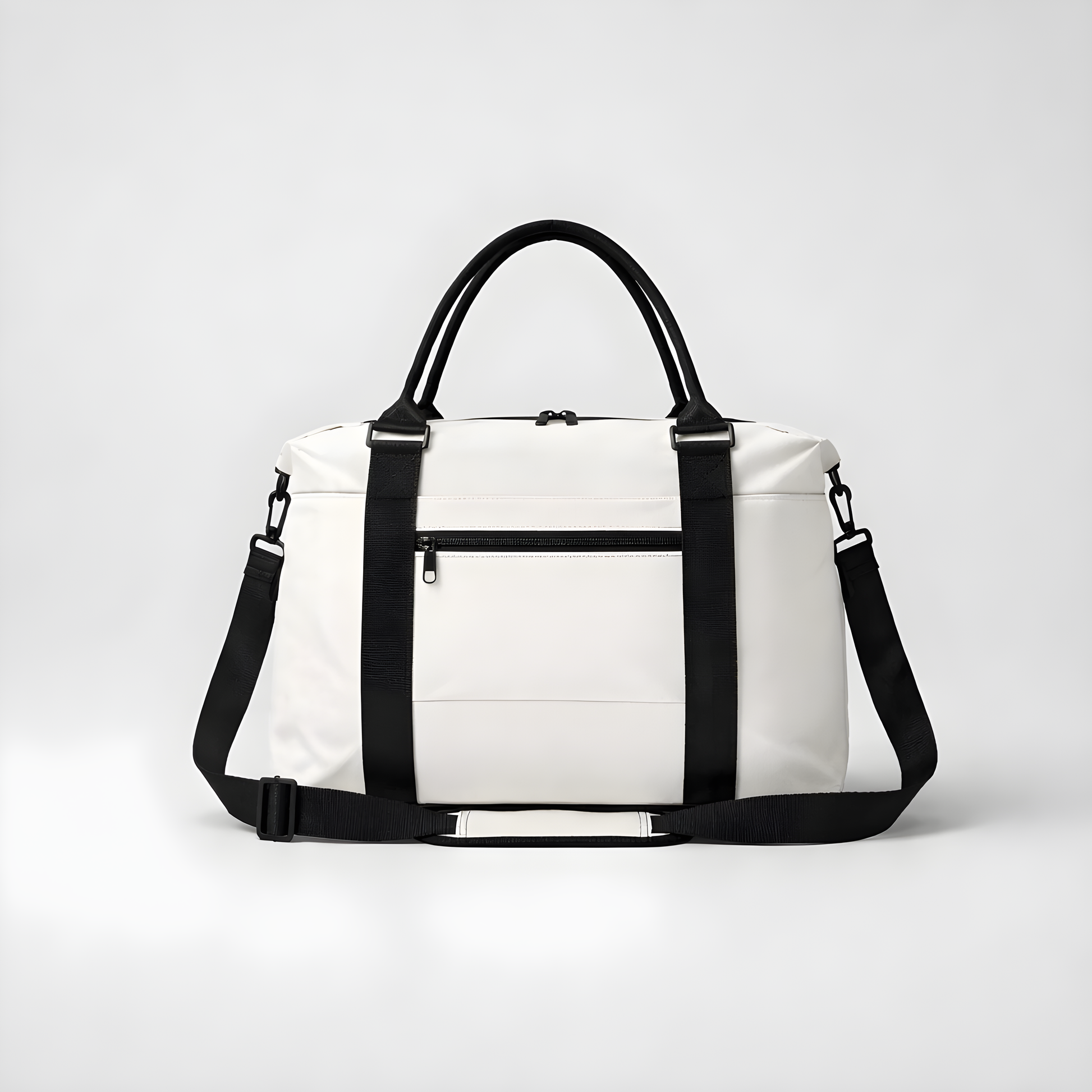 White duffel bag with intention featuring black handles shoulder straps and a front zippered pocket for easy access