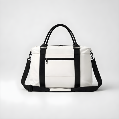 White duffel bag with intention featuring black handles shoulder straps and a front zippered pocket for easy access