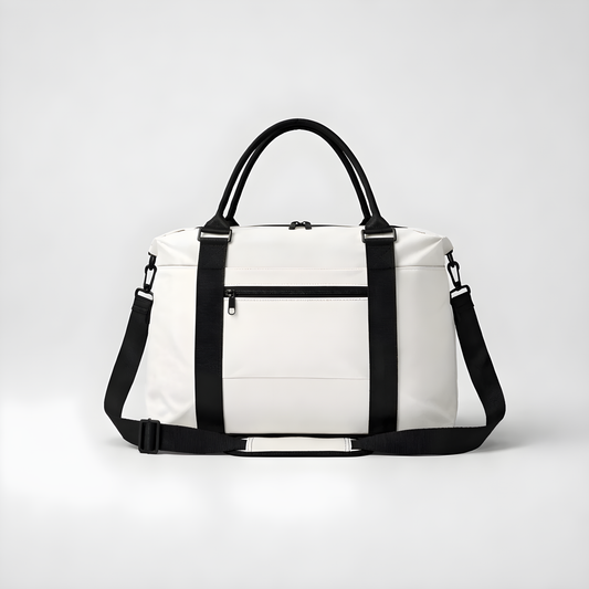 White duffel bag with intention featuring black handles shoulder straps and a front zippered pocket for easy access