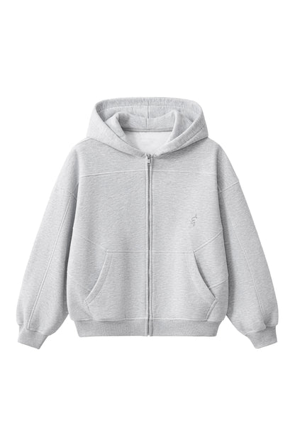 A light gray heather zip-up hoodie with a small embroidered polo player logo on the left chest, displayed on a solid white background.