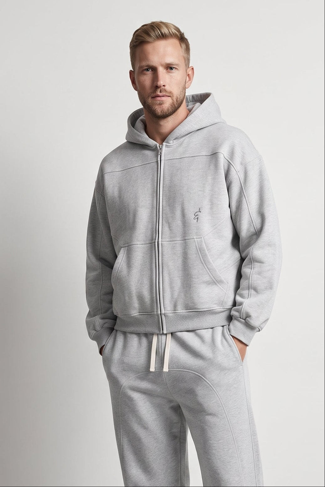 A man modeling a light gray zip-up hoodie and matching sweatpants set, standing against a neutral light gray studio background.
