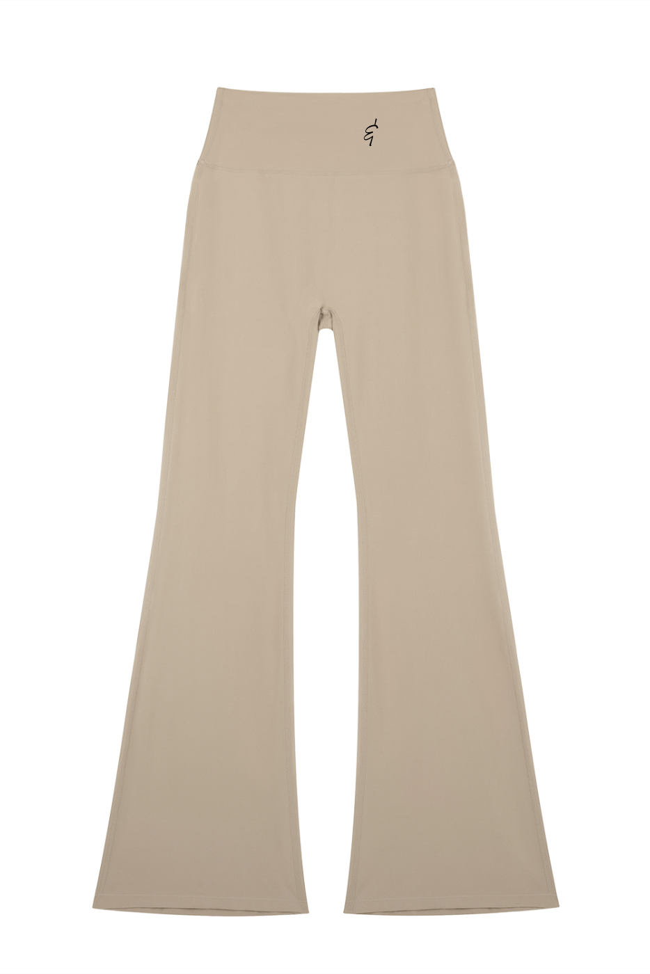 Beige high-waisted seamless flared leggings with a minimalist logo at the waistband in soft fabric