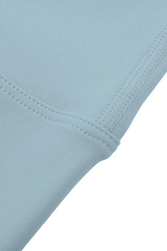 Light blue high waisted seamless flared leggings stretch fabric with matching stitching along the seam