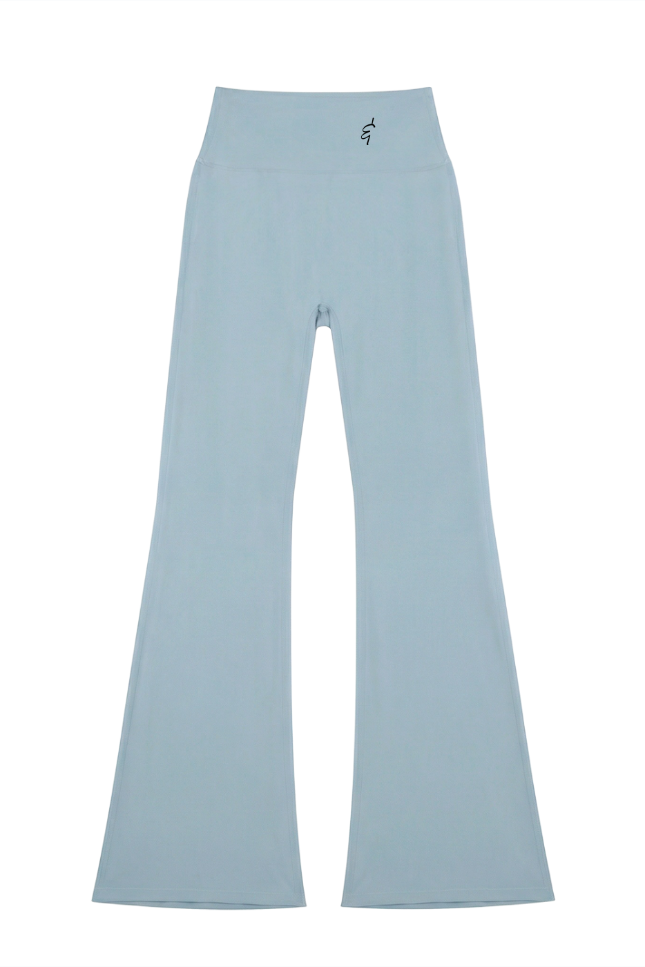 Light blue high-waisted seamless flared leggings with a subtle logo at the waistband in soft stretchy fabric