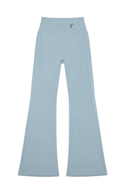 Light blue high-waisted seamless flared leggings with a subtle logo at the waistband in soft stretchy fabric