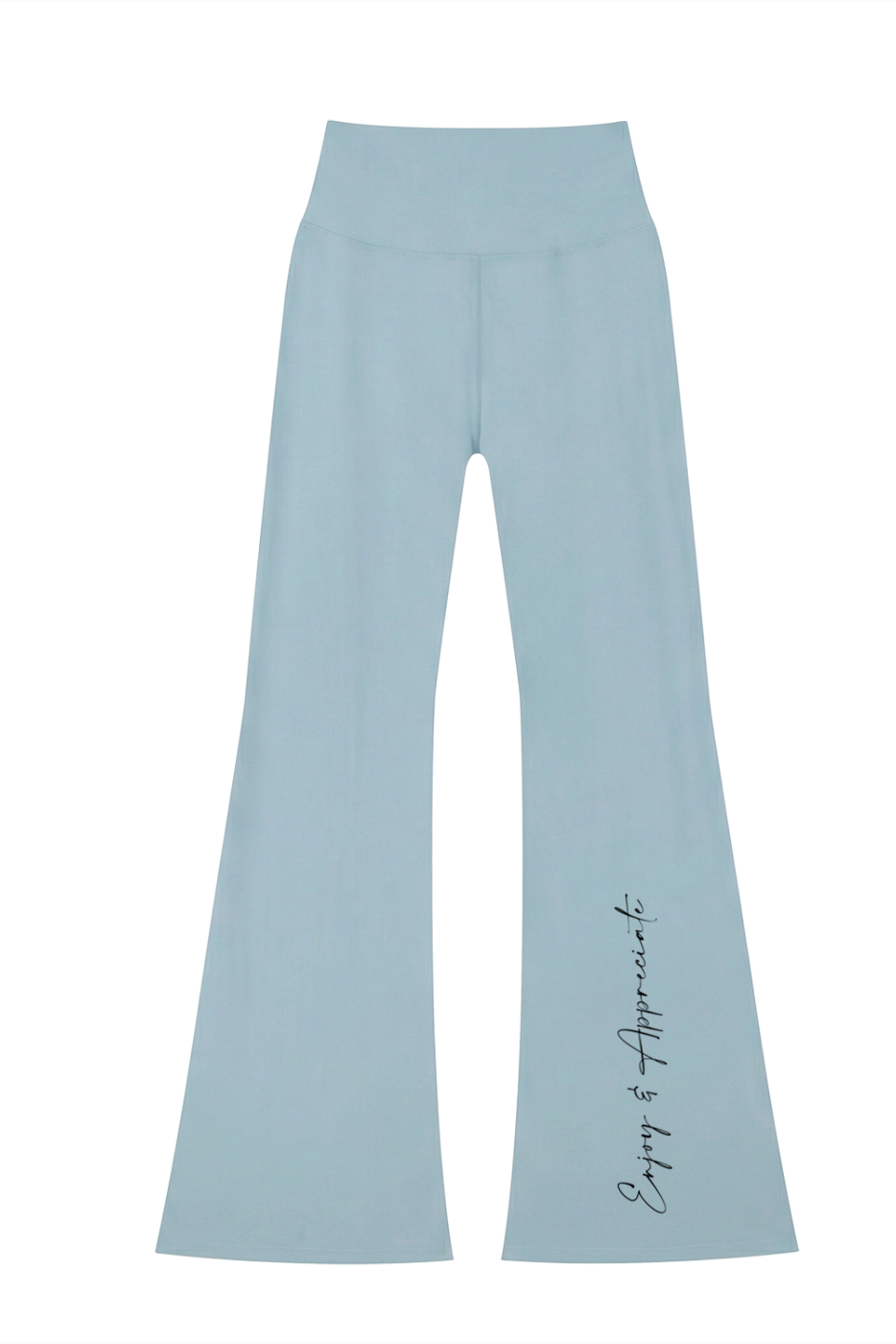 Light blue high-waisted seamless flared leggings with subtle enjoy and appreciate script on the left leg