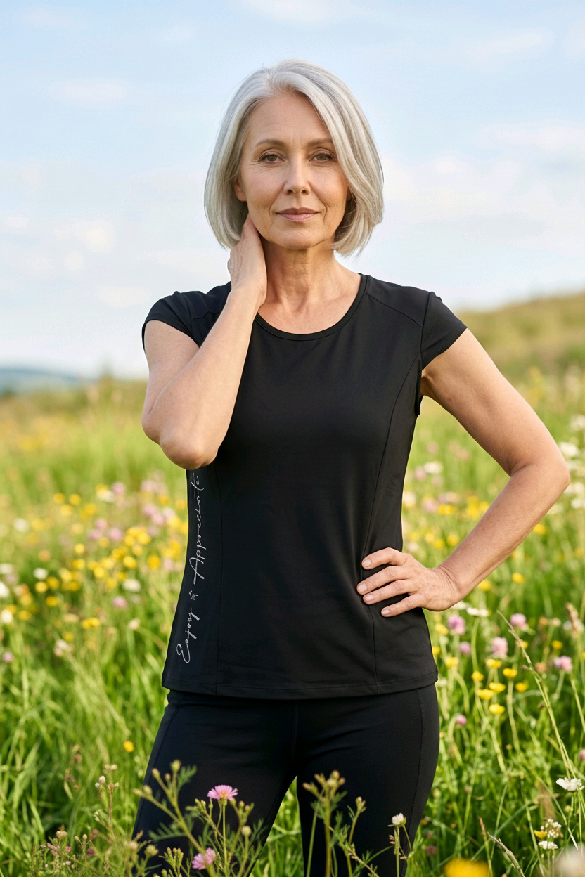 Woman in a black t-shirt standing in a field of wildflowers with a blurred background