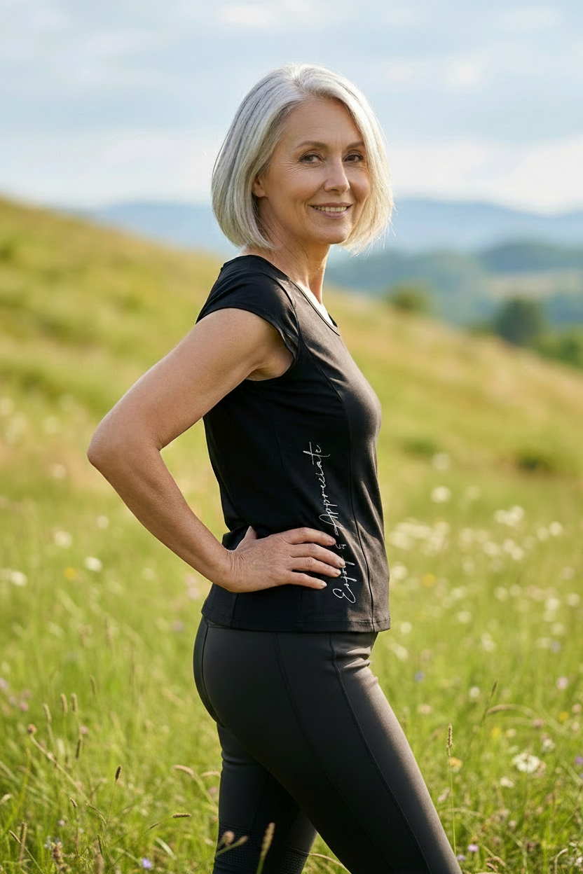 Woman standing in a field with mountains in the background