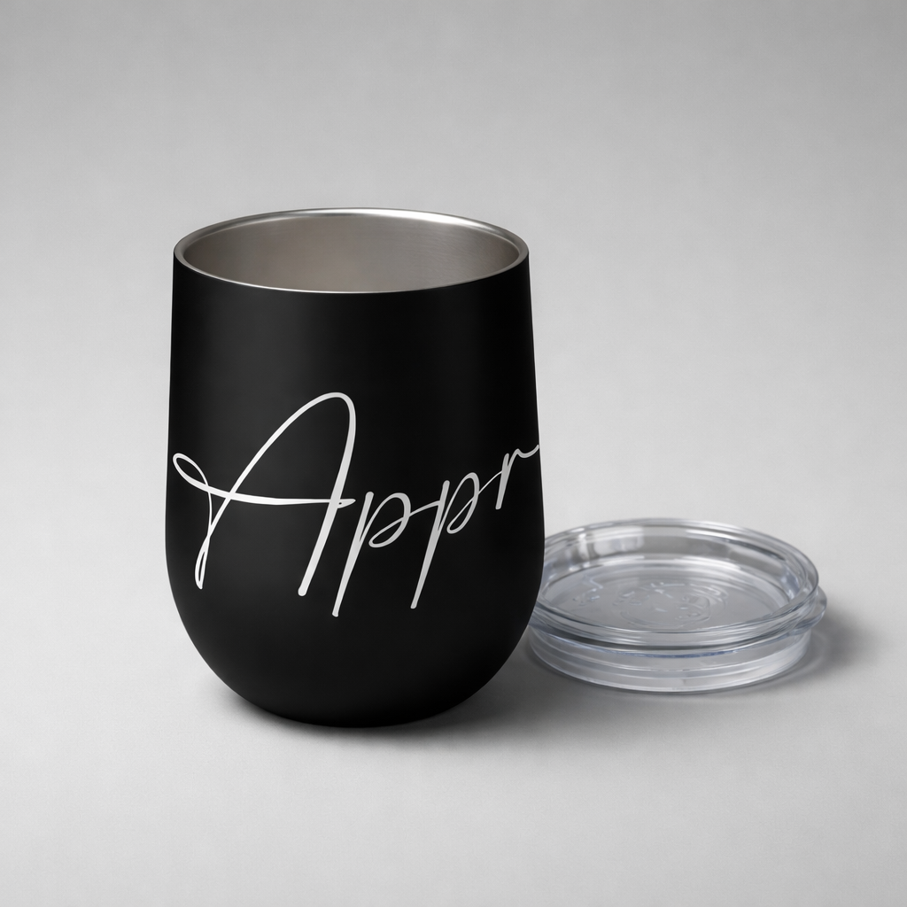 Insulated sports cup black matte finish insulated wine tumbler with silver interior white appr lettering and clear lid