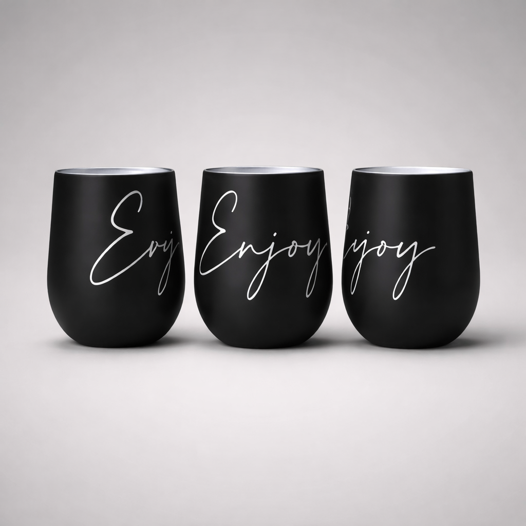 Black matte-finish insulated sports cup with silver cursive enjoy script on stemless wine glass design