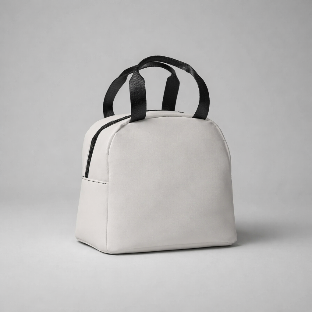 A sleek bone coloured insulated lunch bag with black fabric handles and zipper accents to enjoy and appreciate meals