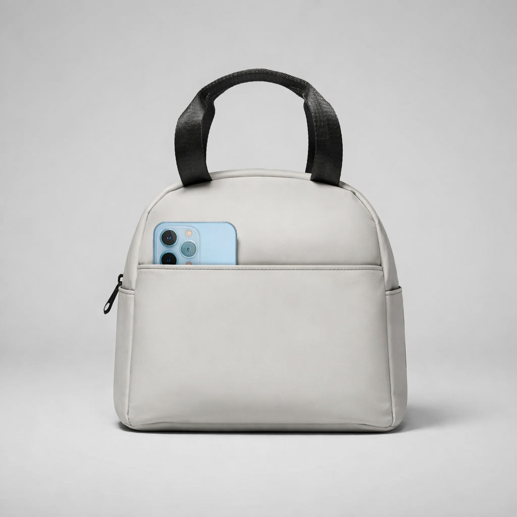 A sleek light gray bone coloured insulated lunch bag with black handles and a front pocket holding a blue smartphone