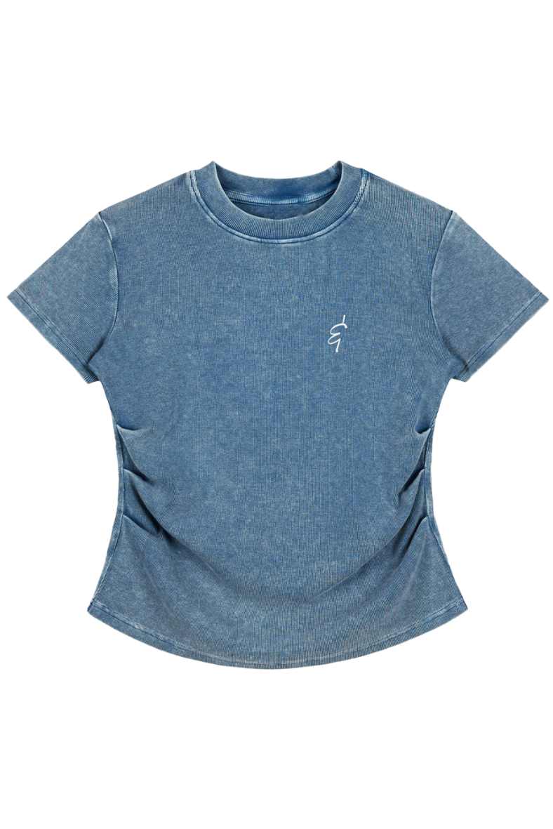 Blue t-shirt with a small white ampersand logo on a white background