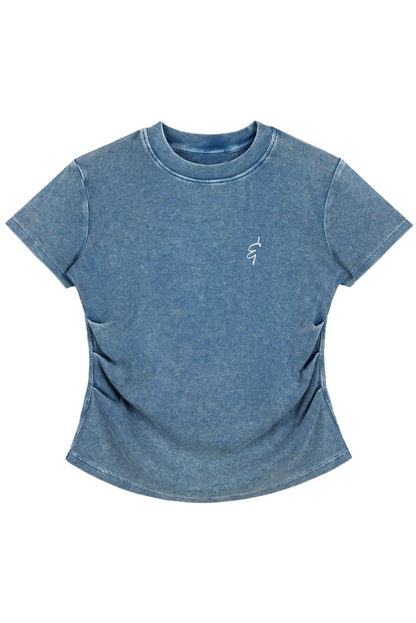 Blue t-shirt with a small white ampersand logo on a white background