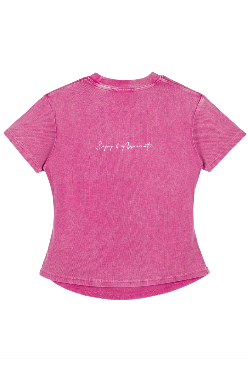 Pink t-shirt with text on a white background