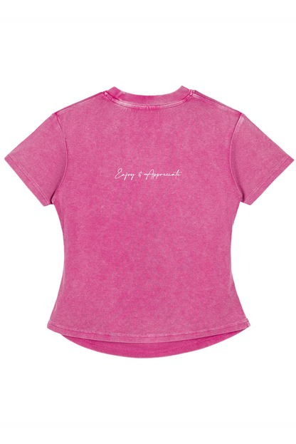 Pink t-shirt with text on a white background