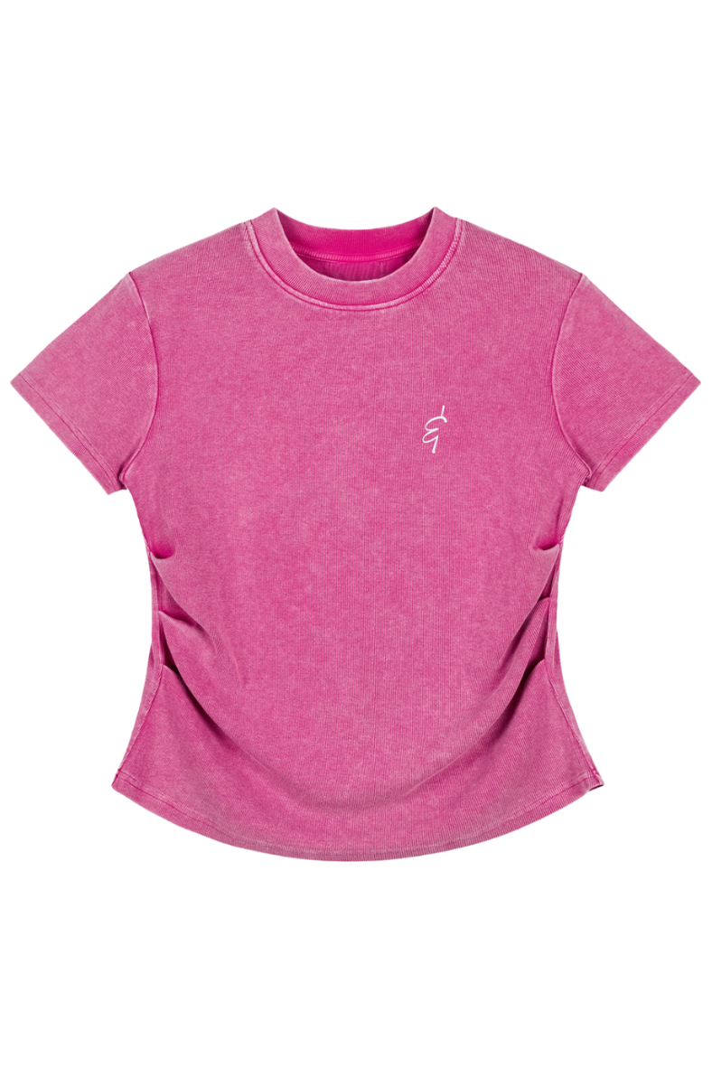 Pink t-shirt with an ampersand logo printed on it on a white background