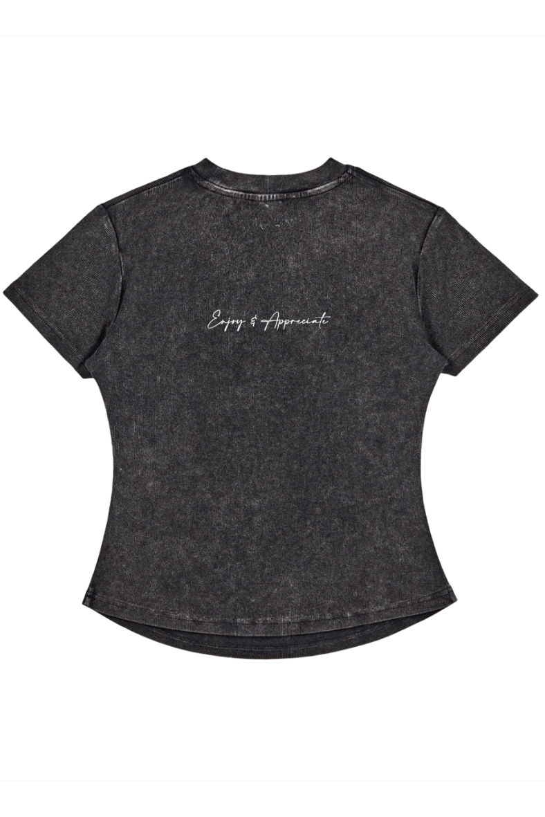 Black t-shirt with text Enjoy & Appreciate on a white background