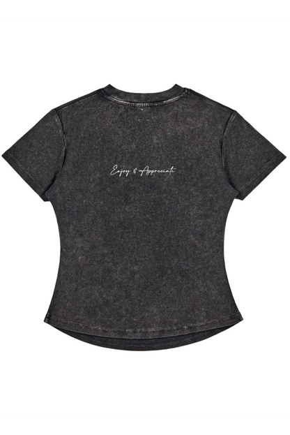 Black t-shirt with text Enjoy & Appreciate on a white background