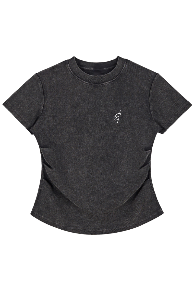 Dark gray t-shirt with a small ampersand logo on a white background