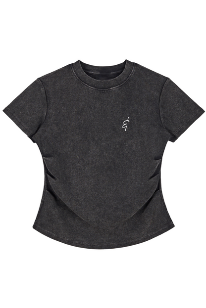 Dark gray t-shirt with a small ampersand logo on a white background