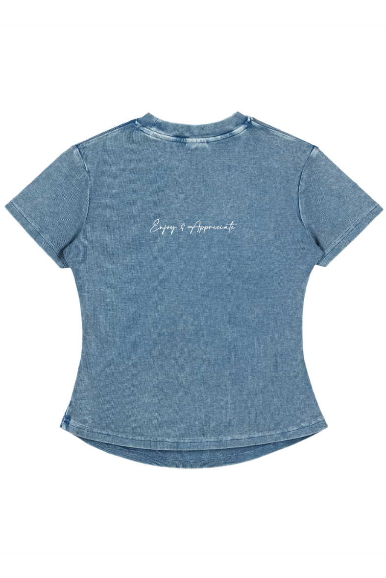 Blue t-shirt with text Enjoy & Appreciate on the back against a white background