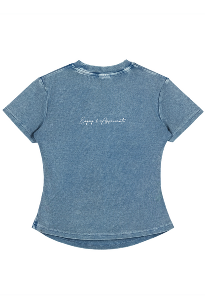 Blue t-shirt with text Enjoy & Appreciate on the back against a white background