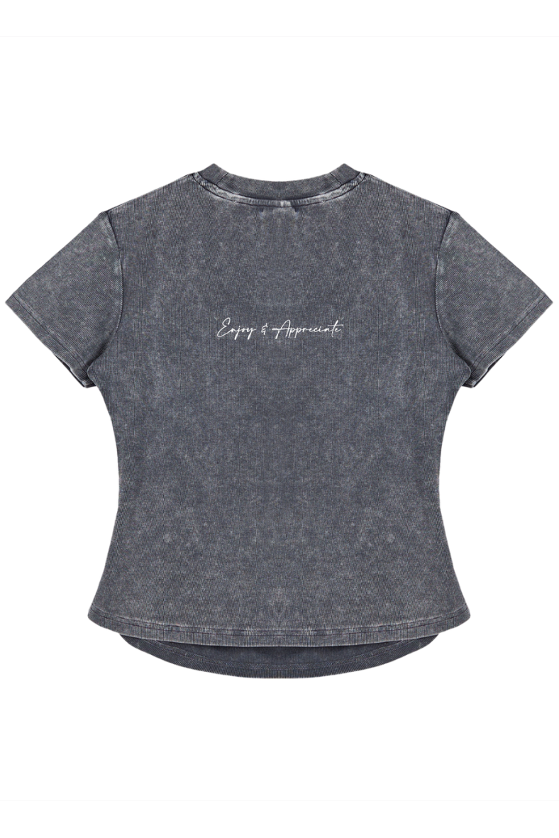 Gray t-shirt with Enjoy & Appreciate on a white background