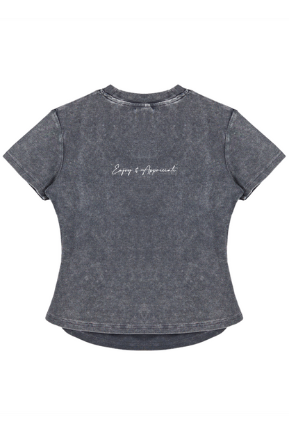 Gray t-shirt with Enjoy & Appreciate on a white background