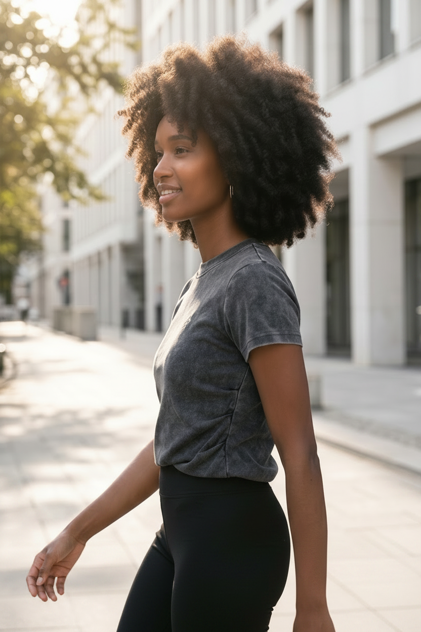 Woman with an afro hairstyle standing on a city street wearing a gray t-shirt