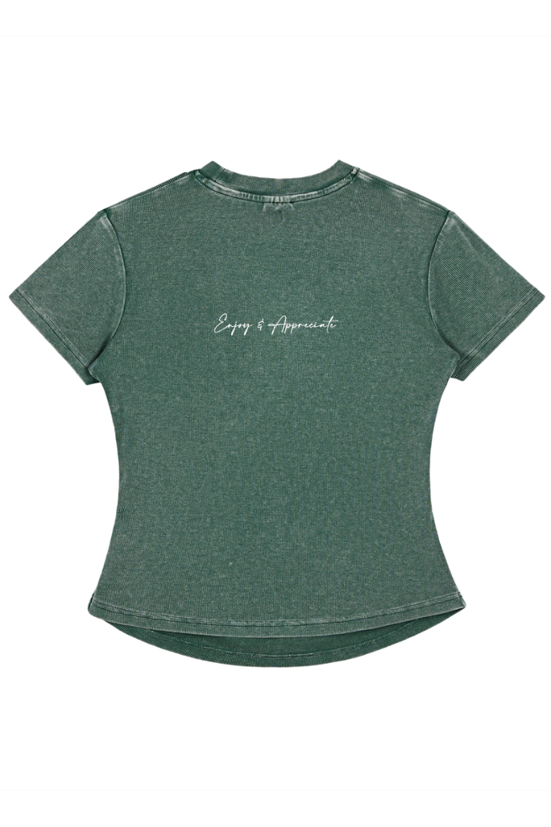 Green t-shirt with text of Enjoy & Appreciate on the back against a white background