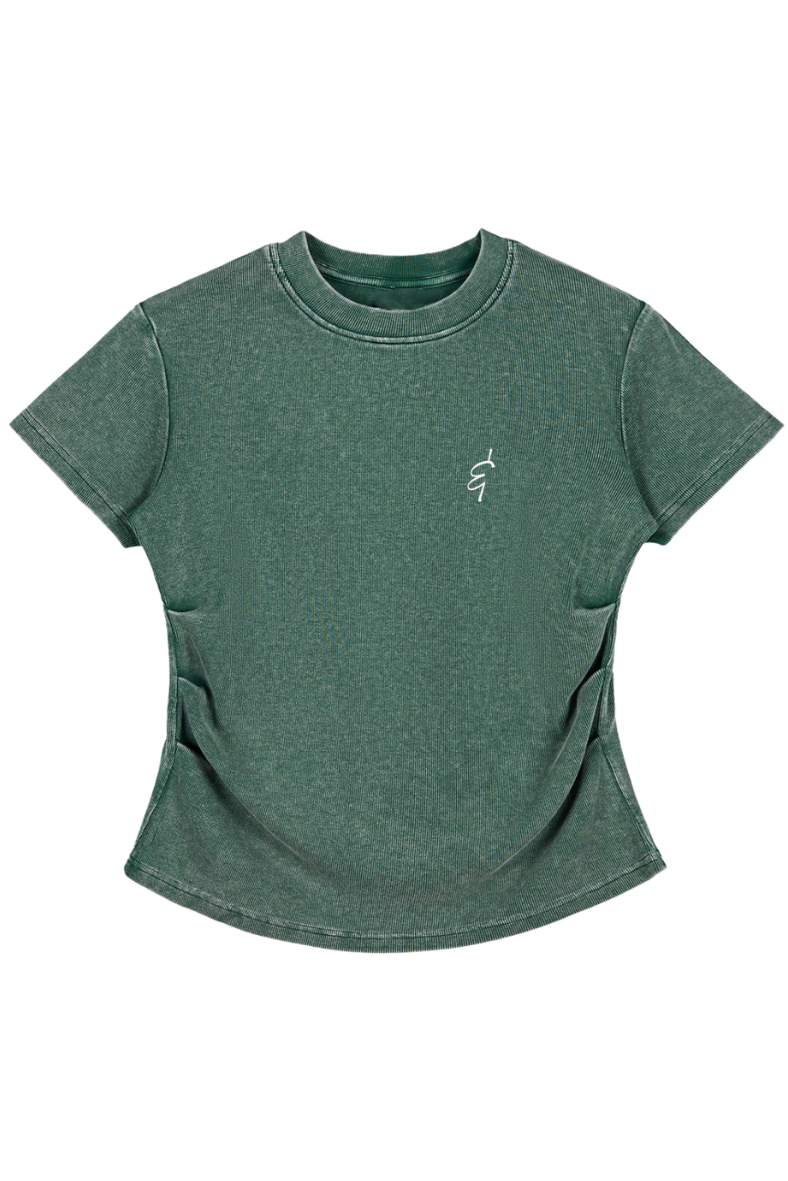Green t-shirt with a small logo of an ampersand on a white background