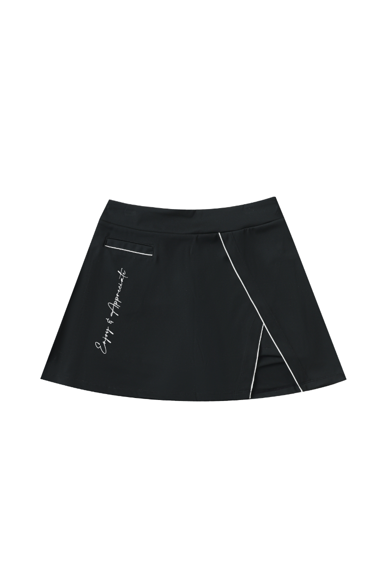 Black skirt with white Enjoy & Appreciate text on a white background