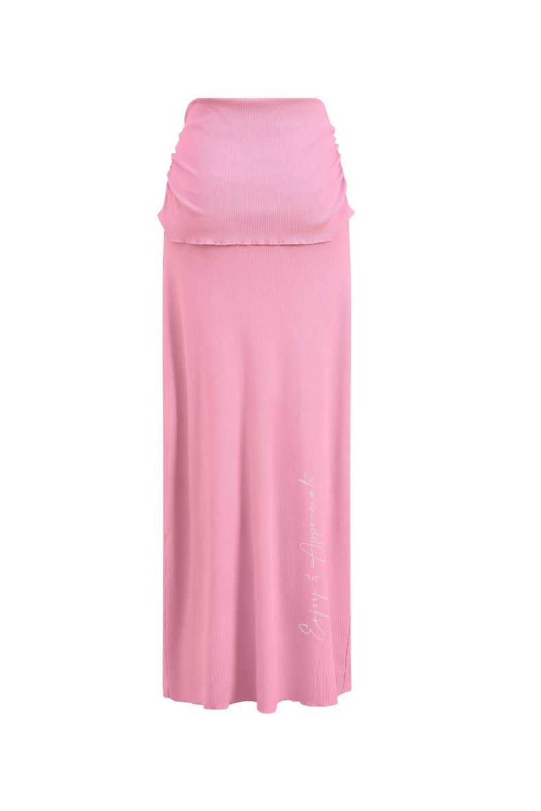 Maxi skirt in pink with enjoy & appreciate text written on it on a white background