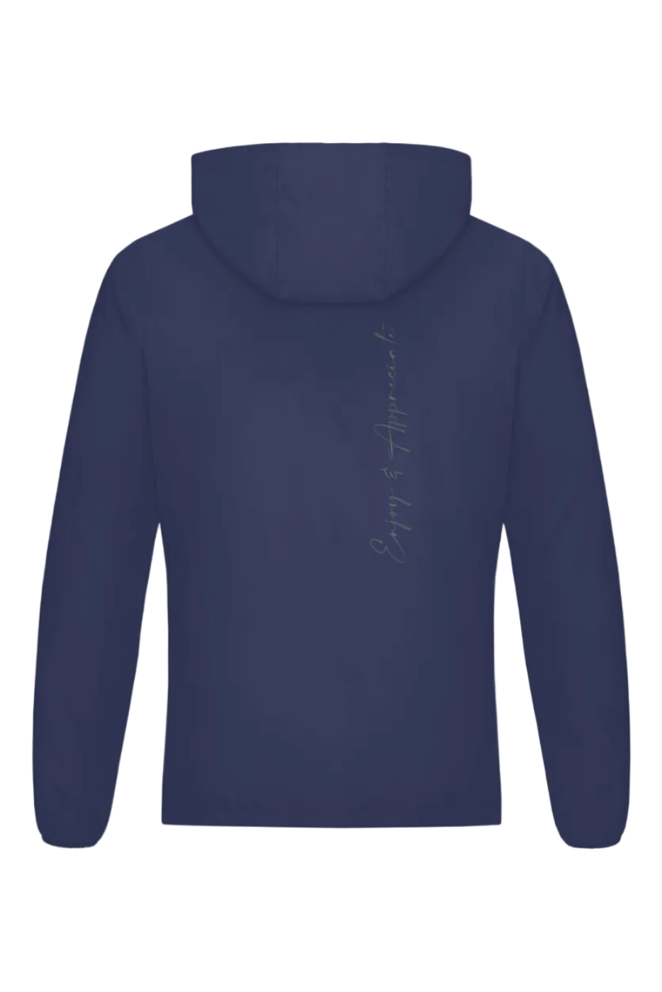 Back view of a navy blue lightweight hoodie sports jacket with a subtle vertical script logo made of breathable fabric