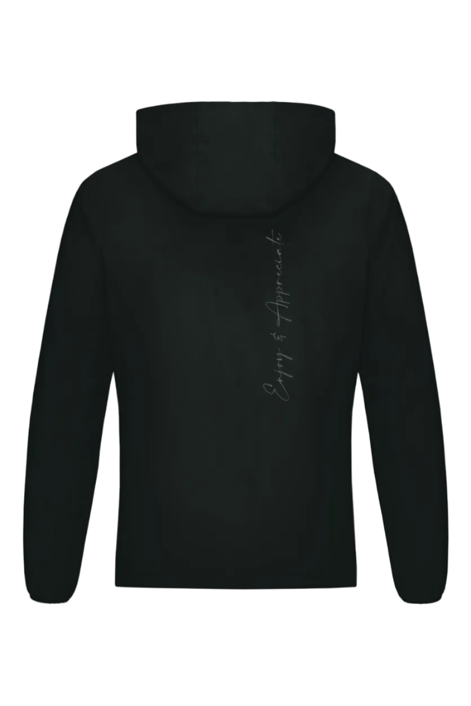 Back of a black lightweight hoodie sports jacket with a subtle silver cursive script on the back