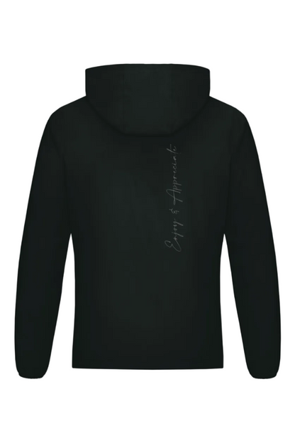 Back of a black lightweight hoodie sports jacket with a subtle silver cursive script on the back
