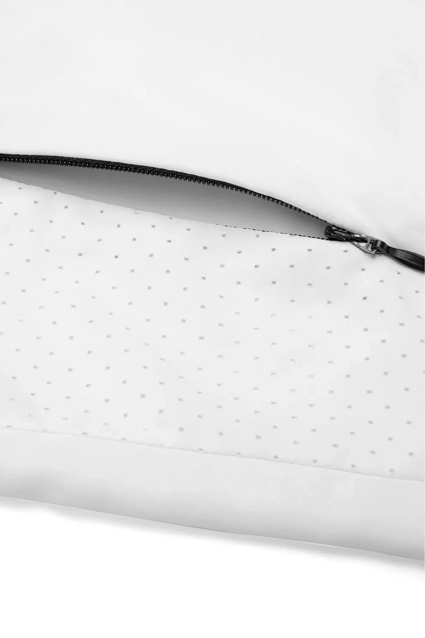 Lightweight hoodie sports jacket in white perforated fabric with a black zipper along the top edge