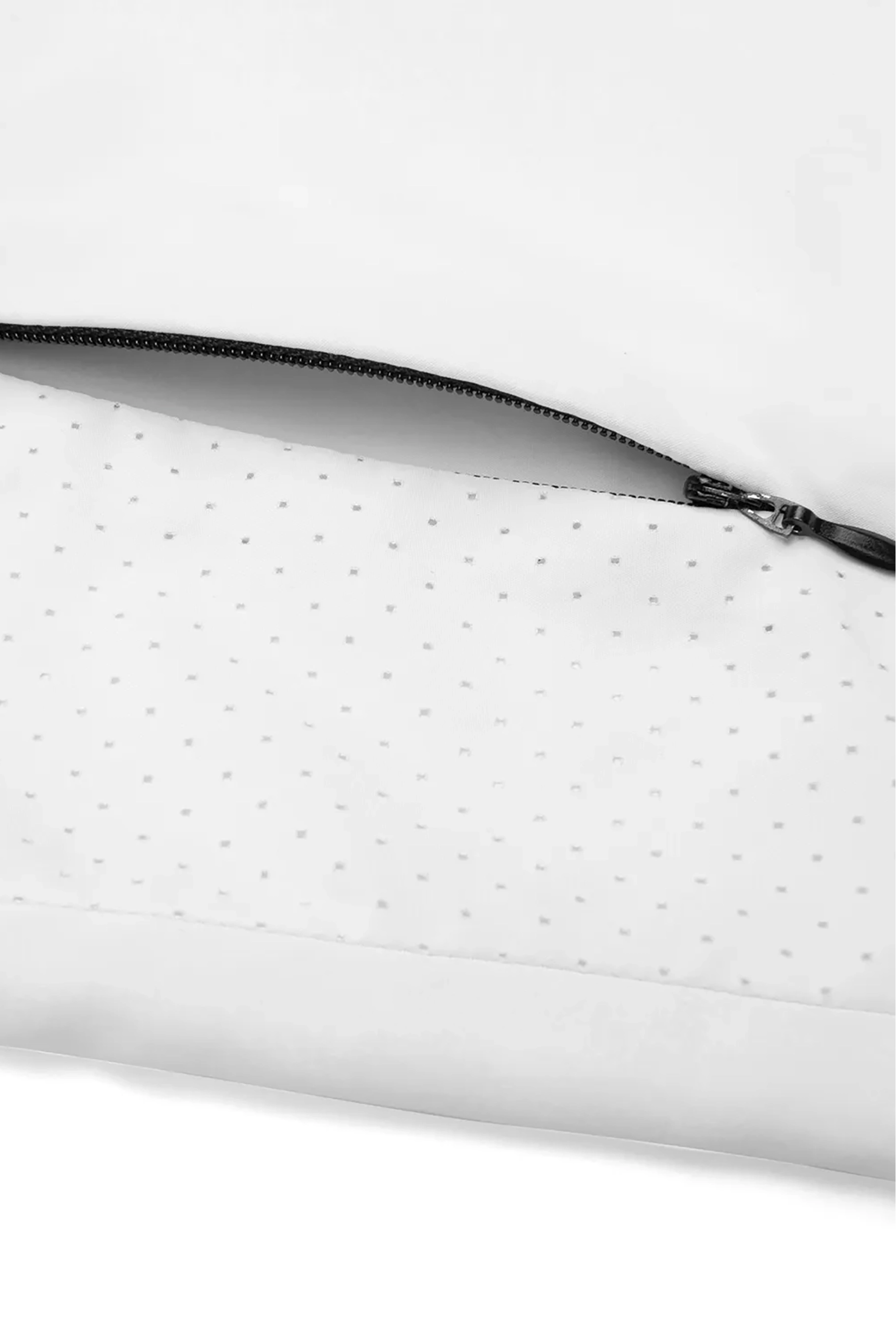 Lightweight hoodie sports jacket in white perforated fabric with a black zipper along the top edge
