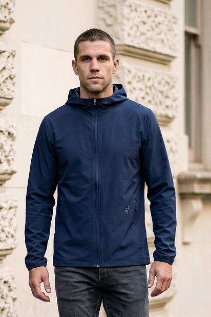 Navy blue lightweight hoodie sports jacket with a hood and subtle logo on the left chest for active wear