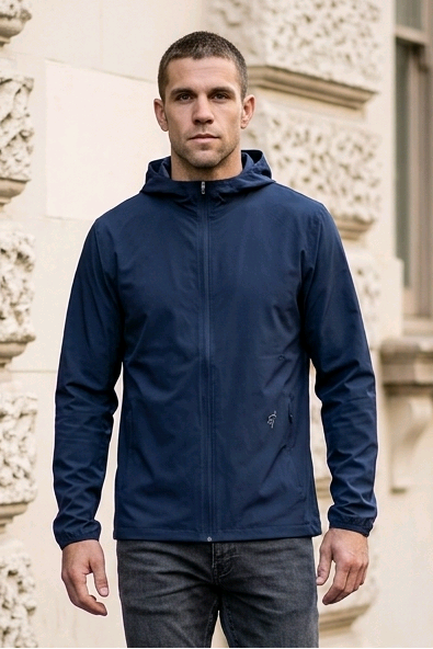 Navy blue lightweight hoodie sports jacket with a hood and subtle logo on the left chest for active wear