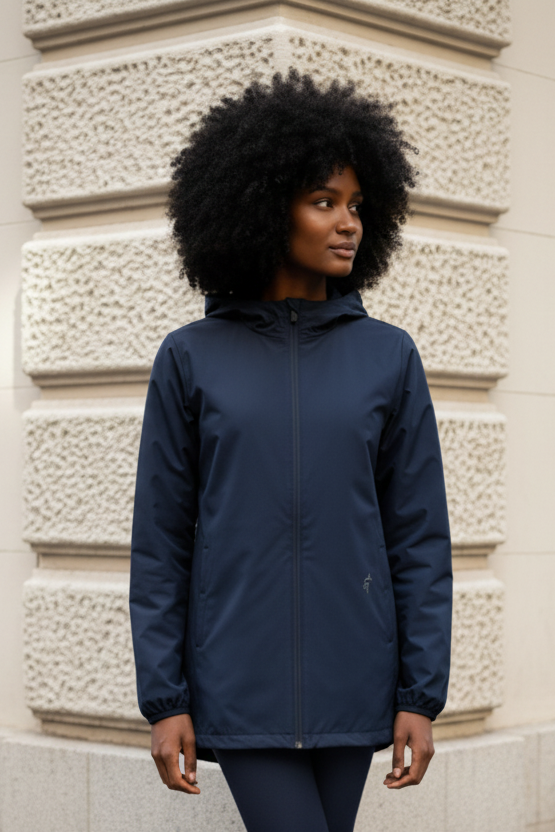 Navy blue lightweight hoodie sports jacket with sleek water-resistant fabric and subtle brand logo on left chest