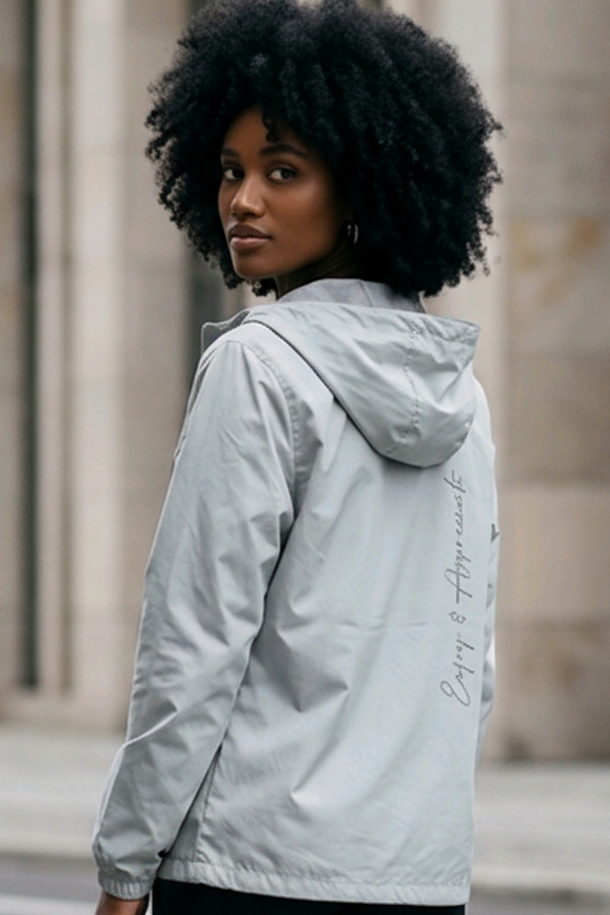 Light gray lightweight hoodie sports jacket back view with subtle enjoy and appreciate script design