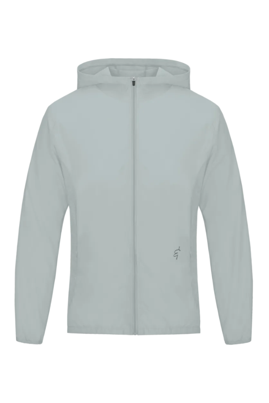 Light gray lightweight hoodie sports jacket with zip-up front and subtle logo on left chest for athletic use