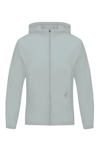 Light gray lightweight hoodie sports jacket with zip-up front and subtle logo on left chest for athletic use