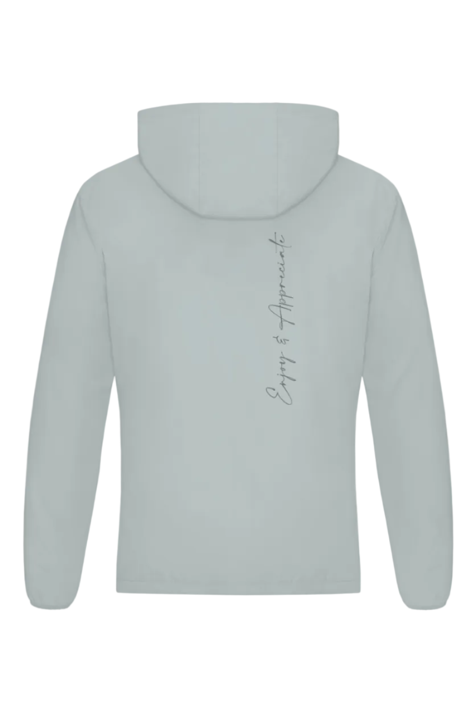 Light gray lightweight hoodie sports jacket with a hood and vertical cursive script on the back
