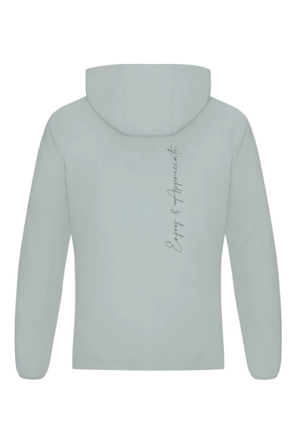 Light gray lightweight hoodie sports jacket with a hood and vertical cursive script on the back