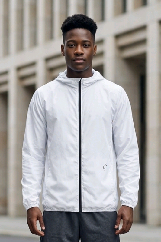 White lightweight hoodie sports jacket with black zipper and subtle logo on the left chest for active wear