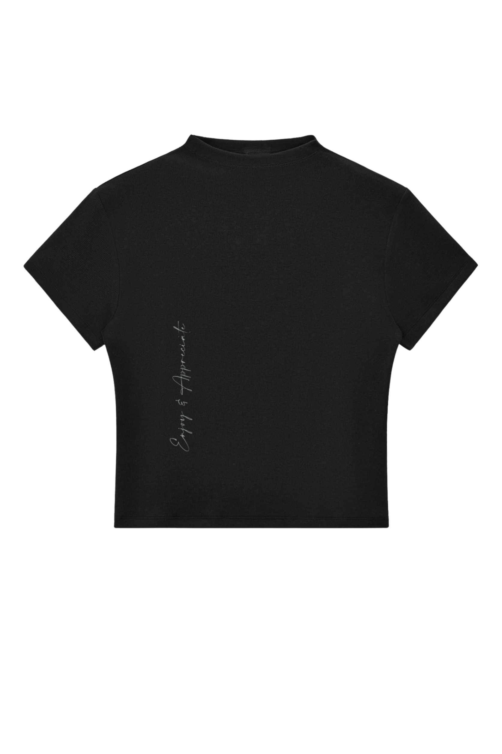 Black t-shirt mock neck top with text on the back against a white background